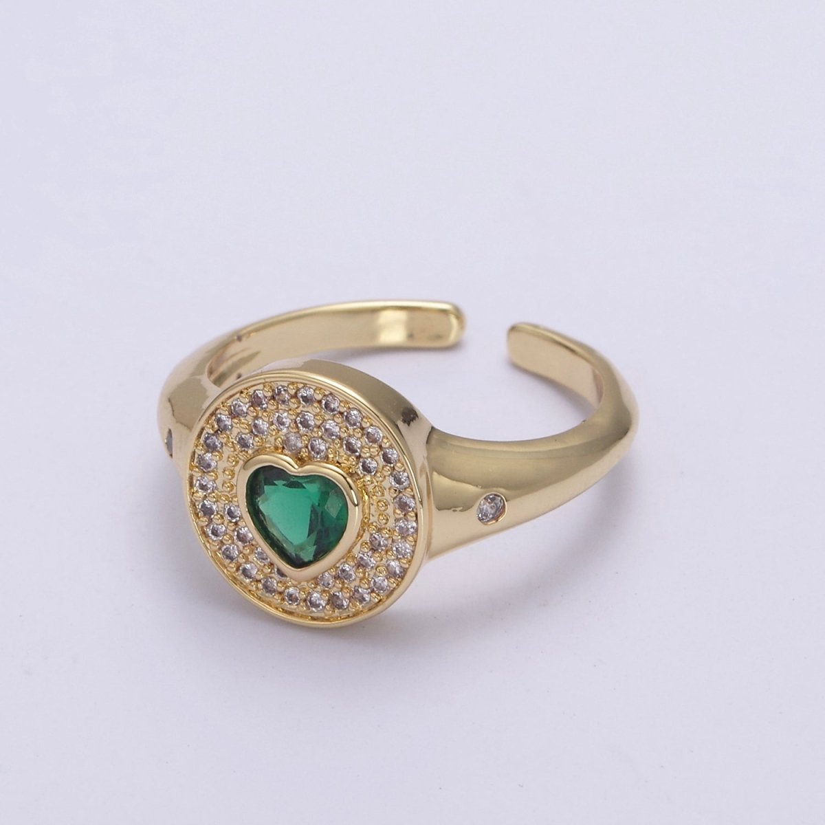 14k Gold Filled Signet Ring, Cubic Zirconia CZ Heart Circle Ring, Gold Open Adjustable Ring U-285~U-288 - DLUXCA