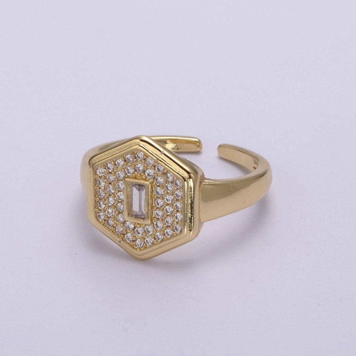 14k Gold Filled Signet Ring, Cubic Zirconia Signet Ring, CZ Octagonal Ring, Gold Open Adjustable Ring U-260 ~ U-263 - DLUXCA