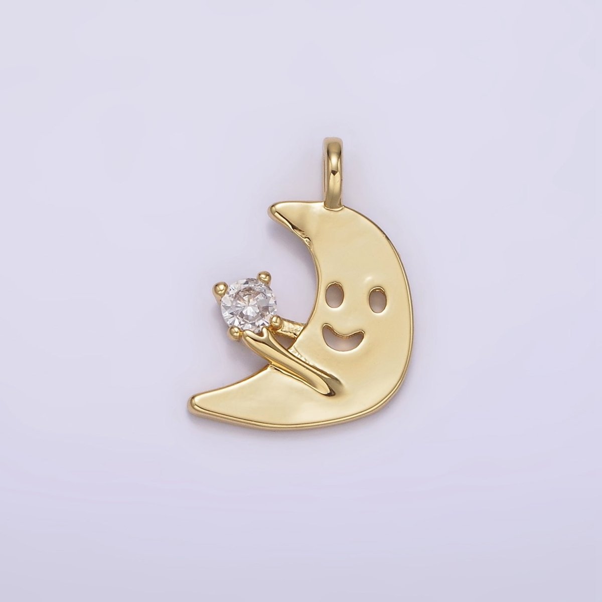 14K Gold Filled Smiley Faced Celestial Crescent Moon CZ Charm Kids Jewelry | N1880 - DLUXCA