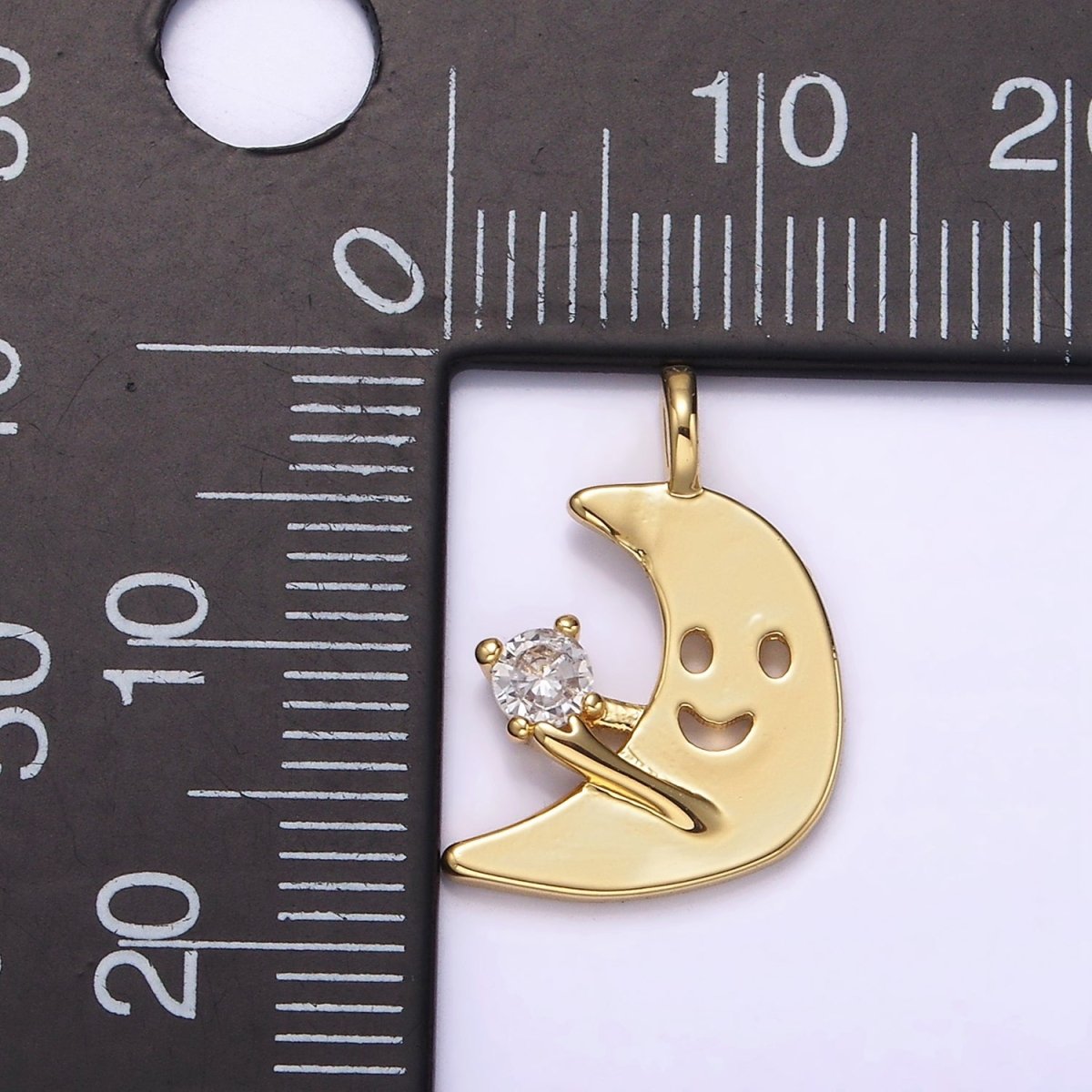 14K Gold Filled Smiley Faced Celestial Crescent Moon CZ Charm Kids Jewelry | N1880 - DLUXCA