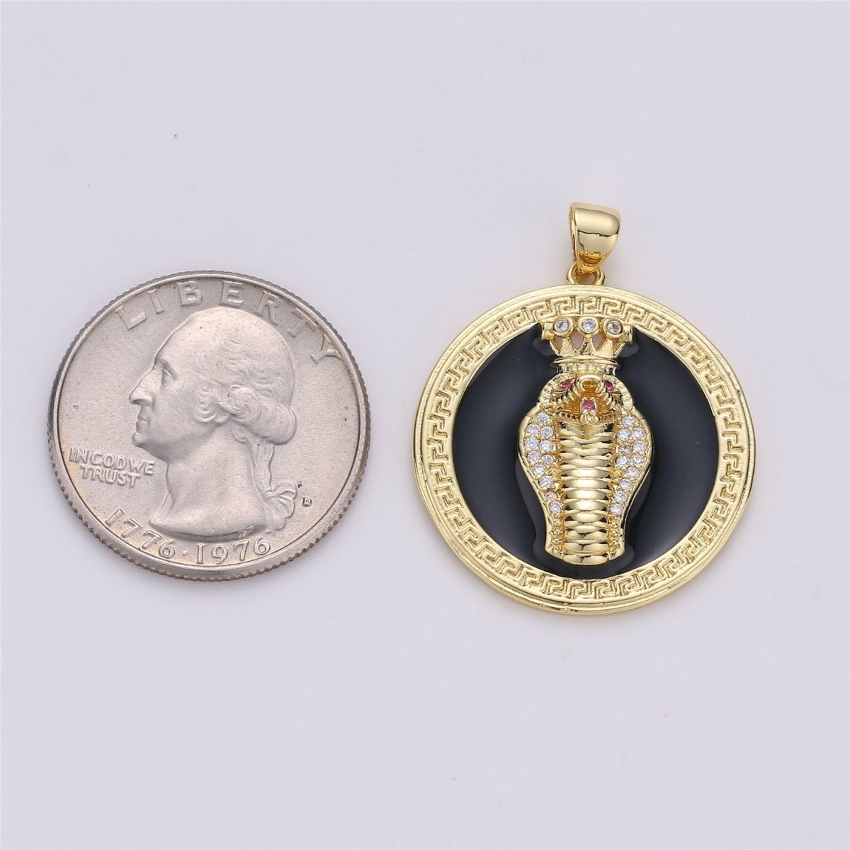 14k Gold Filled Snake Medallion Charm Roman Necklace, Greek Coin Jewelry, Micro Pave Charm Large Black White Disc 3D King Cobra Head Pendant I-581 I-582 - DLUXCA