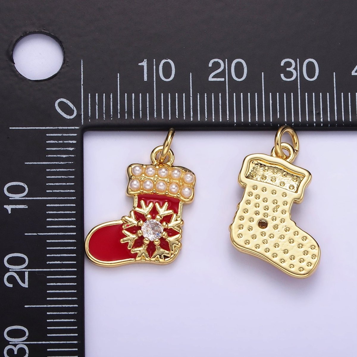 14K Gold Filled Snow CZ Pearl Lined Red Socks Stockings Charm | AG645 - DLUXCA