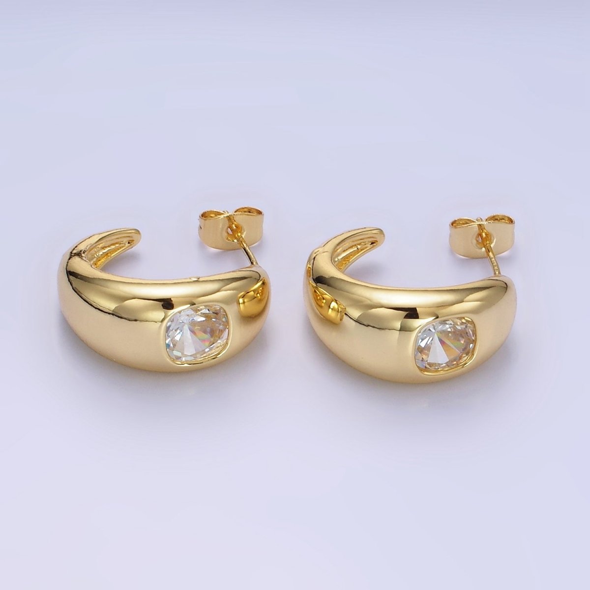 14K Gold Filled Square CZ Chubby C-Shaped Hoop Earrings | AB1402 - DLUXCA