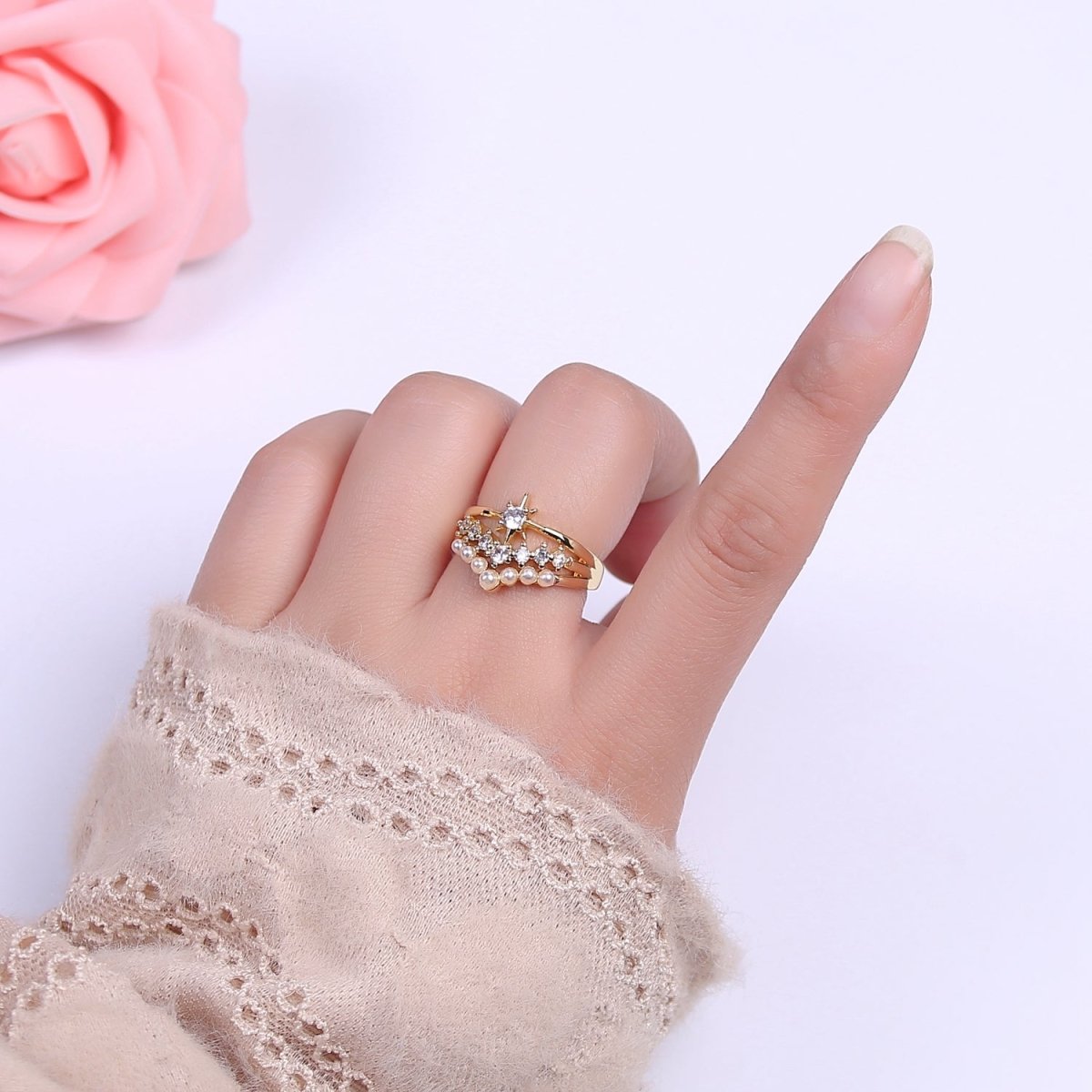 14k Gold Filled Star Ring Pearl Statement Open Adjustable Ring With Cubic Zirconia Celestial Jewelry S-448 - DLUXCA