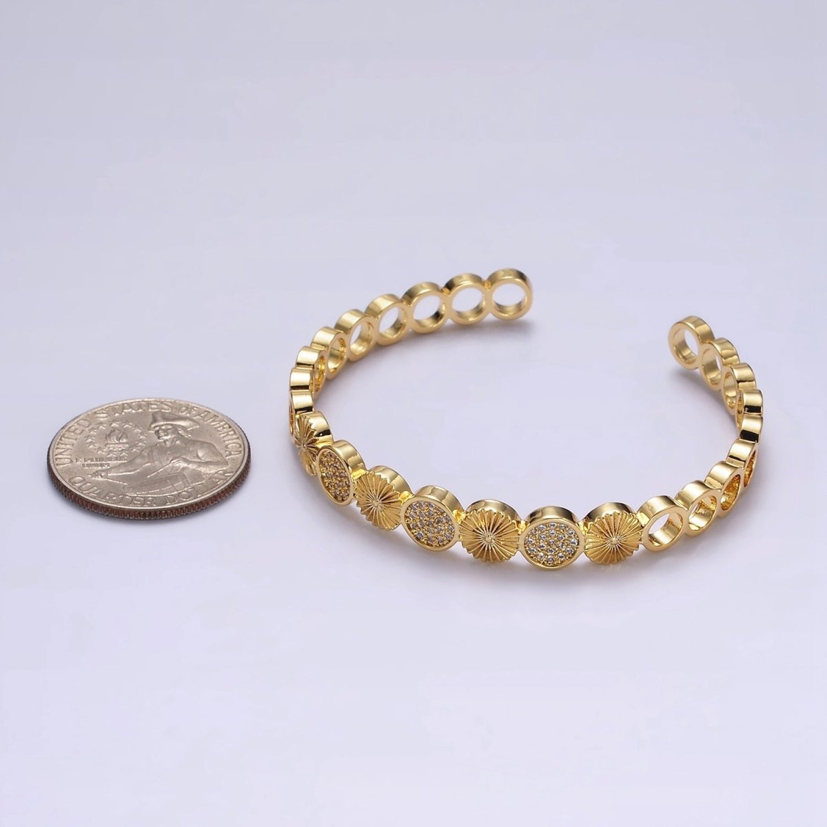 14K Gold Filled Sunflower Sunburst Textured Micro Paved CZ Round Cuff Bangle Bracelet in Silver & Gold | WA-1933 WA-1934 Clearance Pricing - DLUXCA