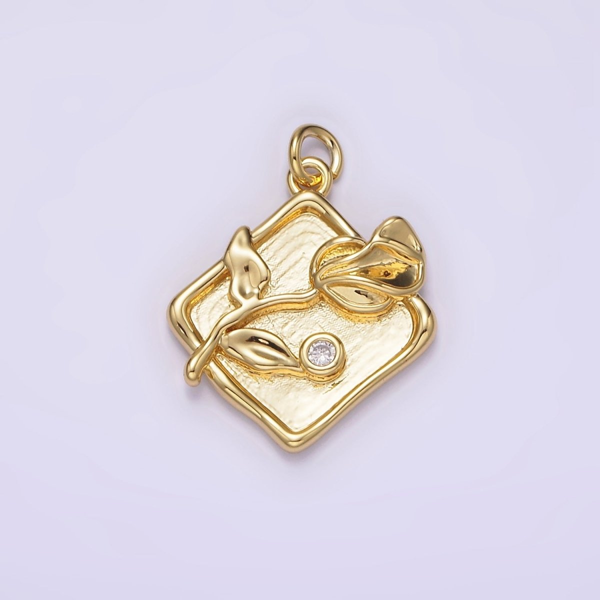 14K Gold Filled Sweet Pea Birth Flower CZ Stamped Rhombus Charm | AG303 - DLUXCA