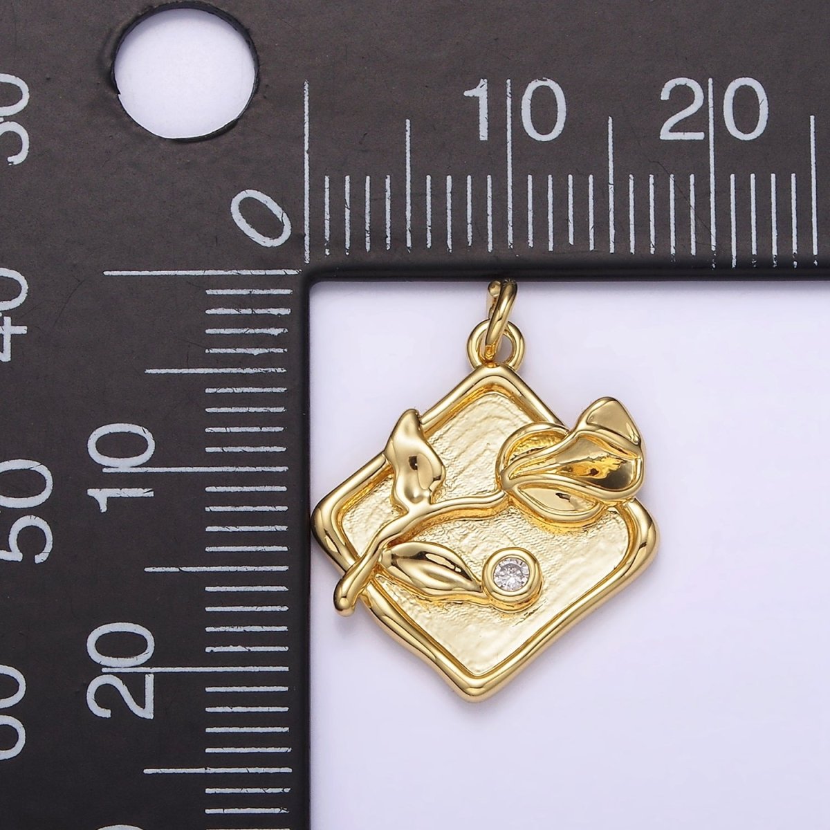 14K Gold Filled Sweet Pea Birth Flower CZ Stamped Rhombus Charm | AG303 - DLUXCA