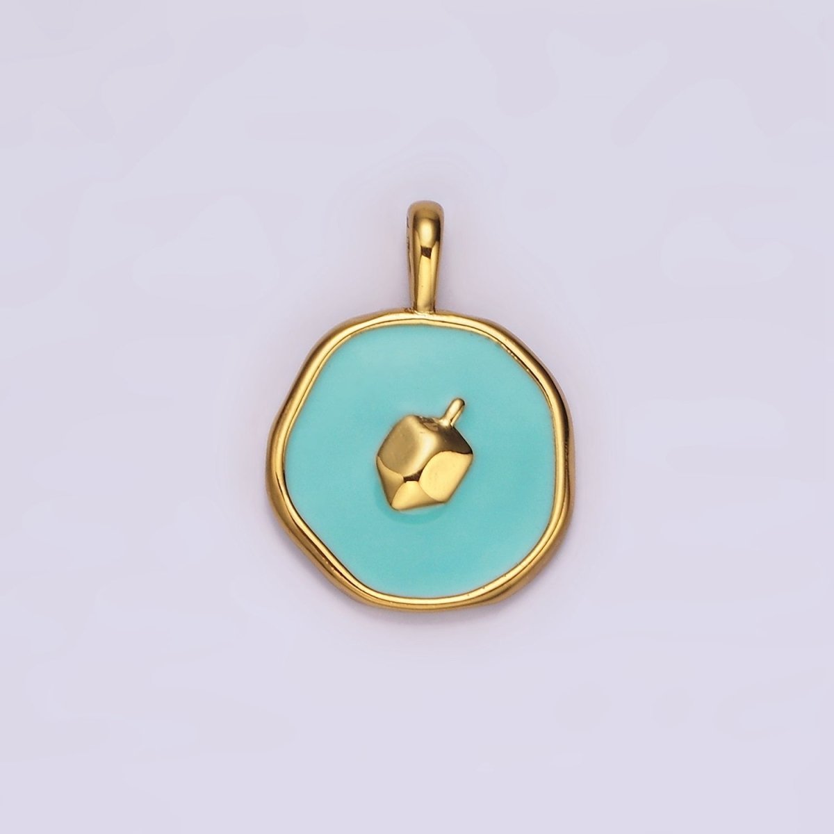 14K Gold Filled Teal Dreidel Charm Enamel Stamped Hannukah Jewelry Round Pendant | AA1094 - DLUXCA