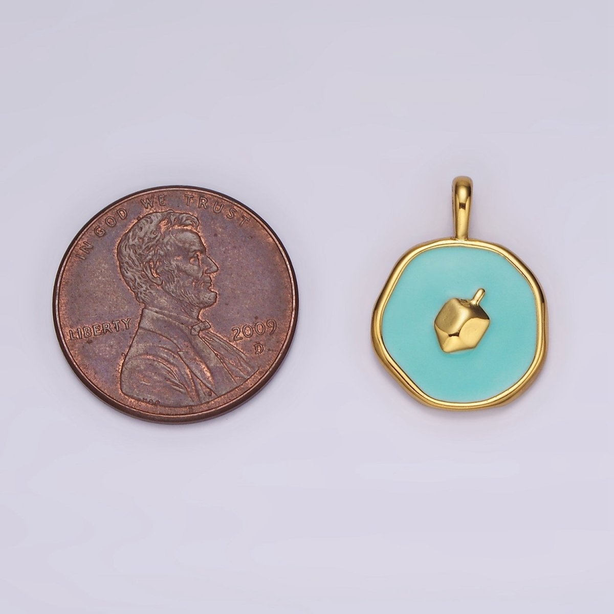 14K Gold Filled Teal Dreidel Charm Enamel Stamped Hannukah Jewelry Round Pendant | AA1094 - DLUXCA