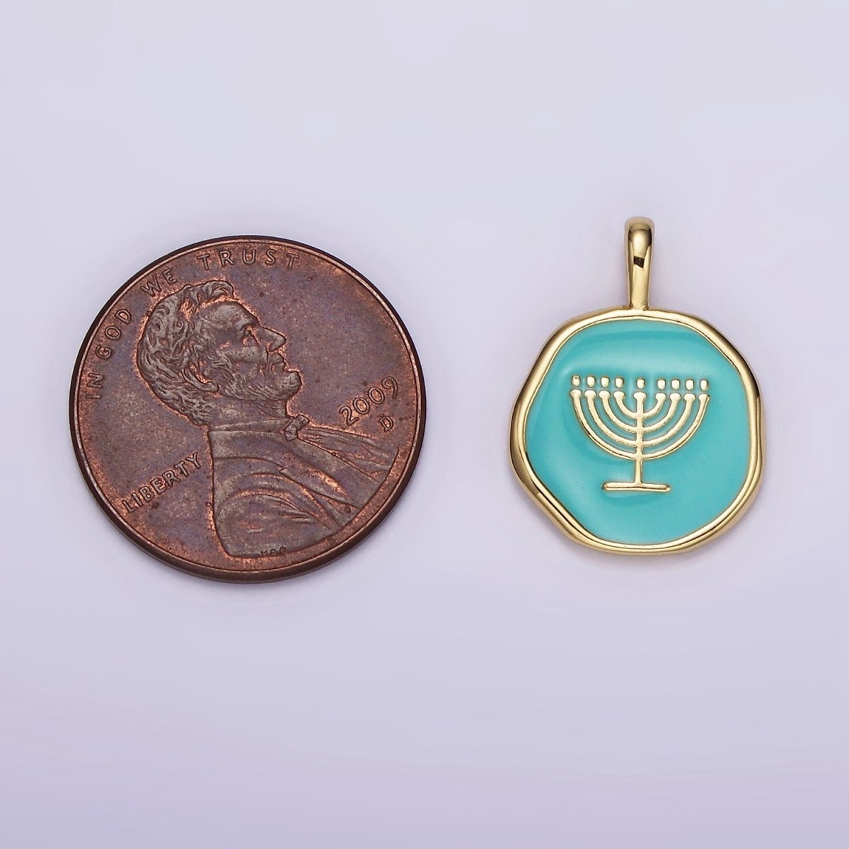 14K Gold Filled Teal Menorah Candle Enamel Stamped Hannukah Round Pendant | AA1093 - DLUXCA