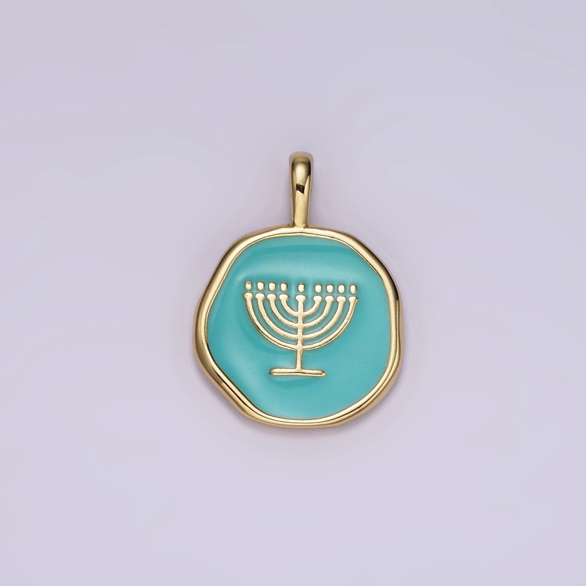 14K Gold Filled Teal Menorah Candle Enamel Stamped Hannukah Round Pendant | AA1093 - DLUXCA