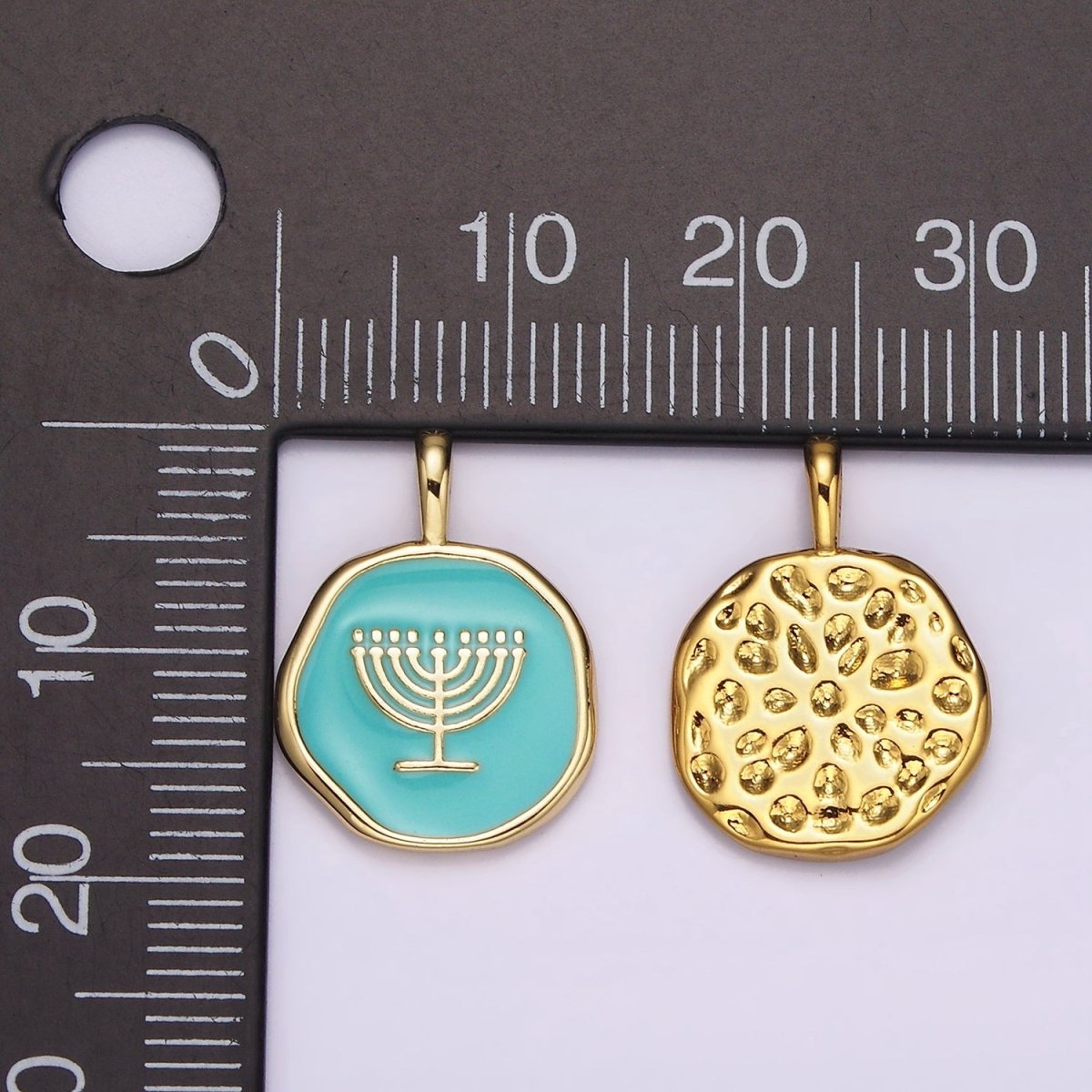 14K Gold Filled Teal Menorah Candle Enamel Stamped Hannukah Round Pendant | AA1093 - DLUXCA