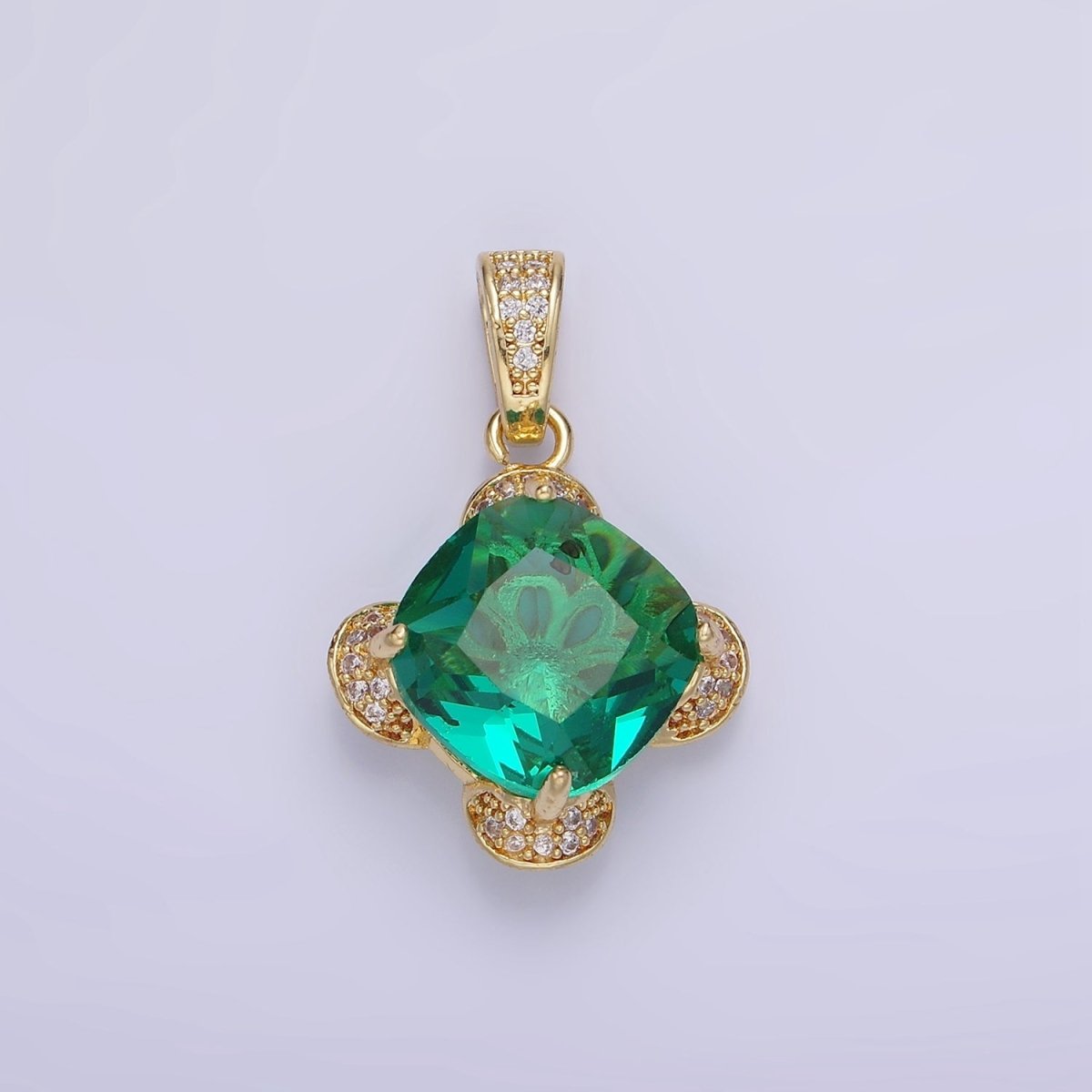 14K Gold Filled Teal Rhombus CZ Micro Paved Flower Pendant in Gold & Silver | AA1158 - DLUXCA