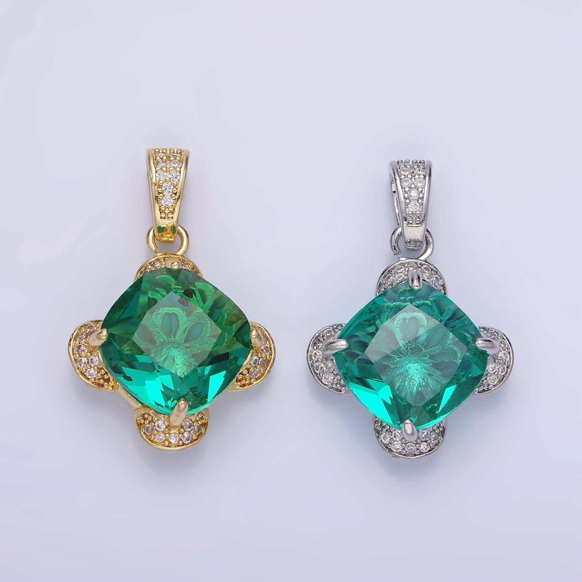 14K Gold Filled Teal Rhombus CZ Micro Paved Flower Pendant in Gold & Silver | AA1158 - DLUXCA