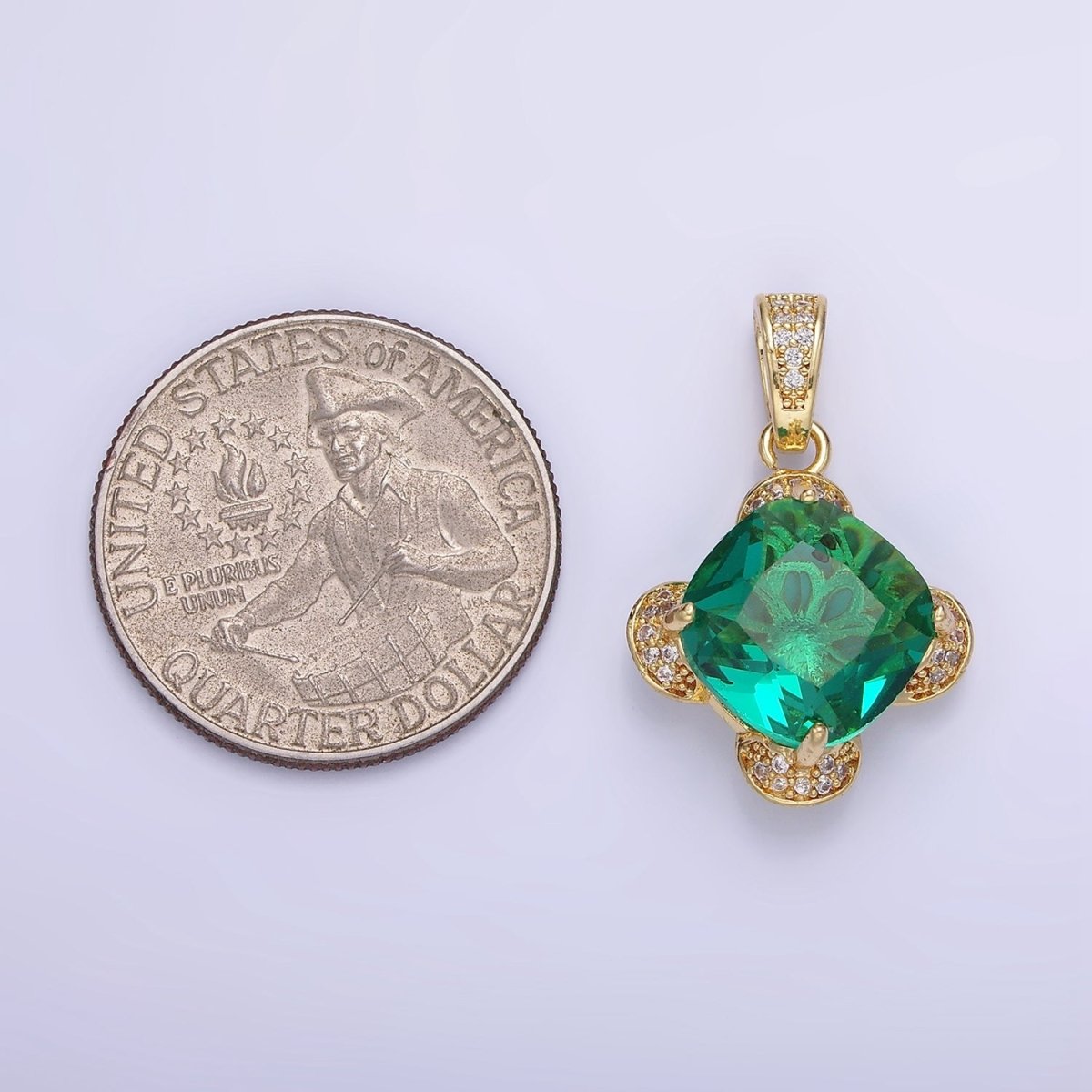 14K Gold Filled Teal Rhombus CZ Micro Paved Flower Pendant in Gold & Silver | AA1158 - DLUXCA