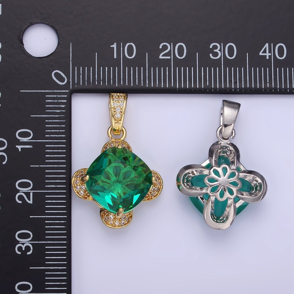 14K Gold Filled Teal Rhombus CZ Micro Paved Flower Pendant in Gold & Silver | AA1158 - DLUXCA