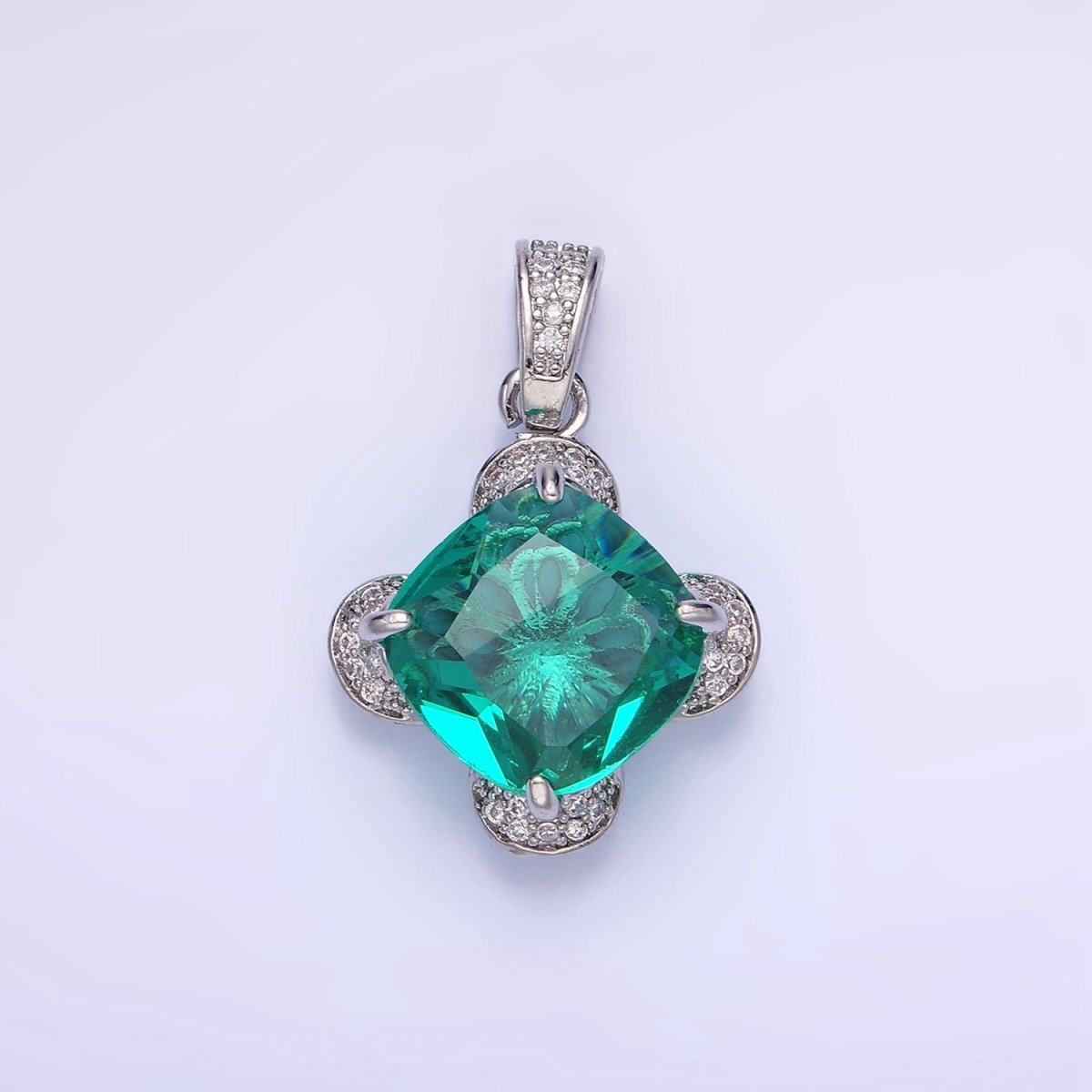 14K Gold Filled Teal Rhombus CZ Micro Paved Flower Pendant in Gold & Silver | AA1158 - DLUXCA