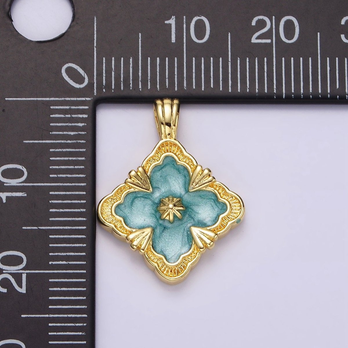 14K Gold Filled Teal, White Sparkly Enamel Artisan Quatrefoil Pendant | N1298 N1299 - DLUXCA