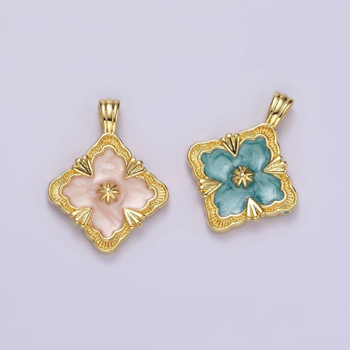 14K Gold Filled Teal, White Sparkly Enamel Artisan Quatrefoil Pendant | N1298 N1299 - DLUXCA