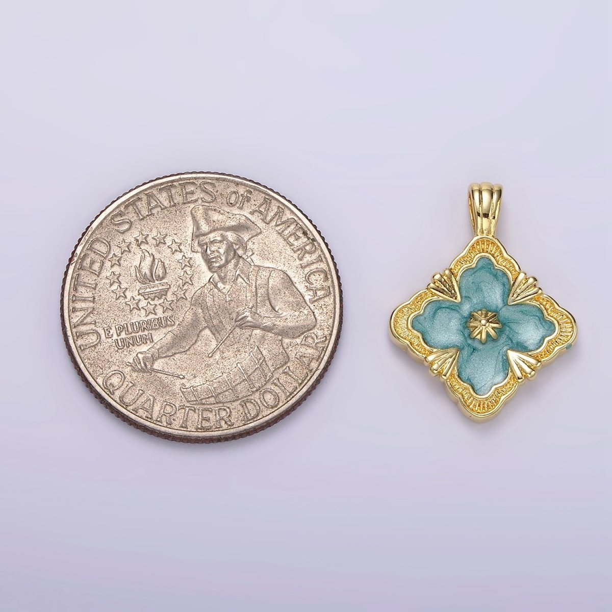 14K Gold Filled Teal, White Sparkly Enamel Artisan Quatrefoil Pendant | N1298 N1299 - DLUXCA