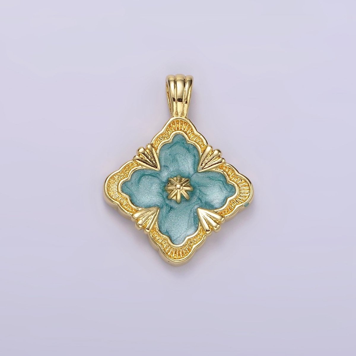 14K Gold Filled Teal, White Sparkly Enamel Artisan Quatrefoil Pendant | N1298 N1299 - DLUXCA