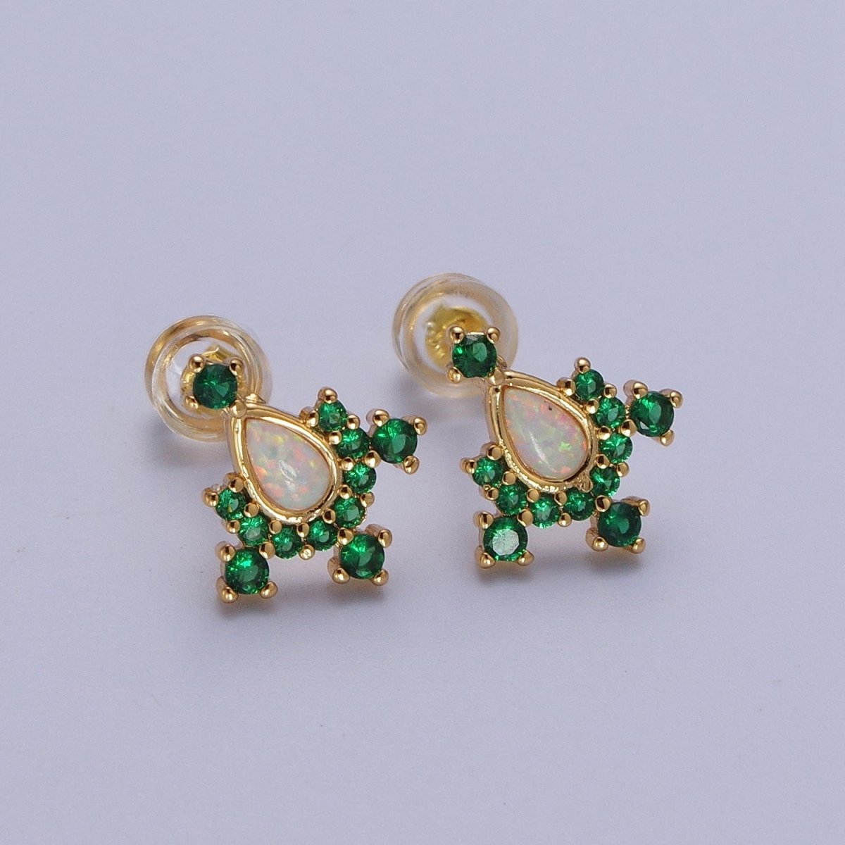 14K Gold Filled Teardrop White Opal Green Cubic Zirconia Stud Earrings | Y-104 - DLUXCA