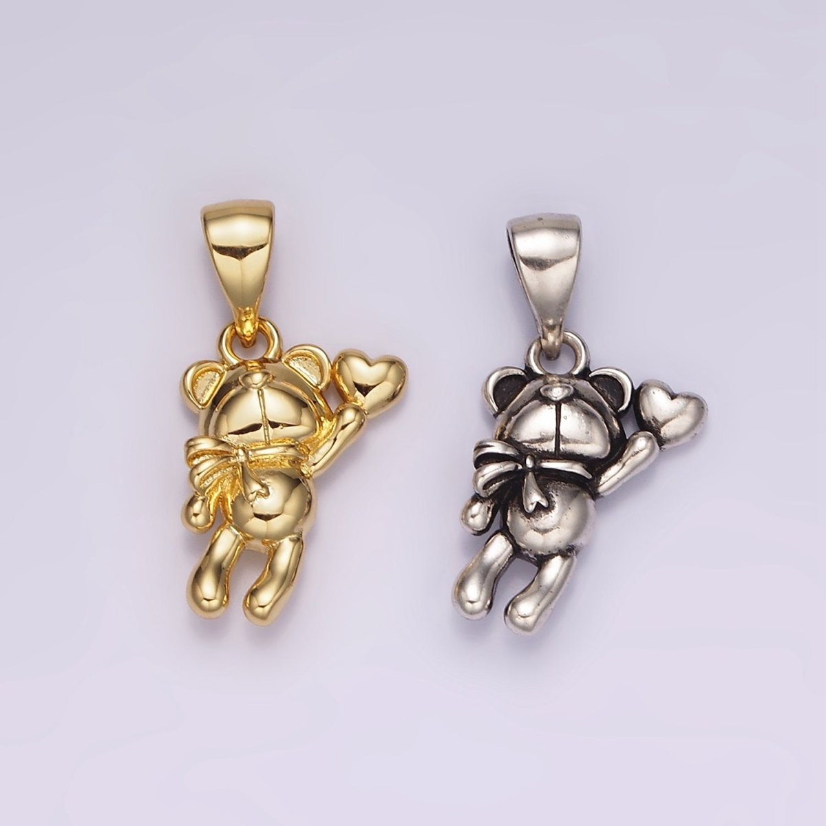 14K Gold Filled Teddy Bear Animal Scarf Heart Puffed Pendant in Gold & Silver | AH126 - DLUXCA