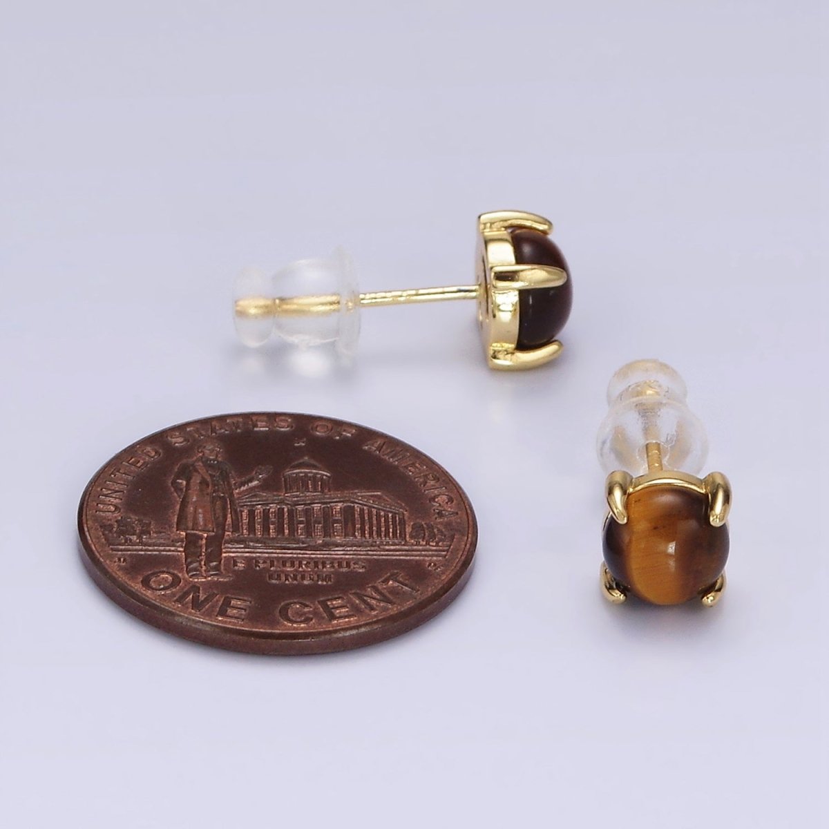 14K Gold Filled Tiger Eye Gemstone Oval Minimalist Stud Earrings | AE115 - DLUXCA