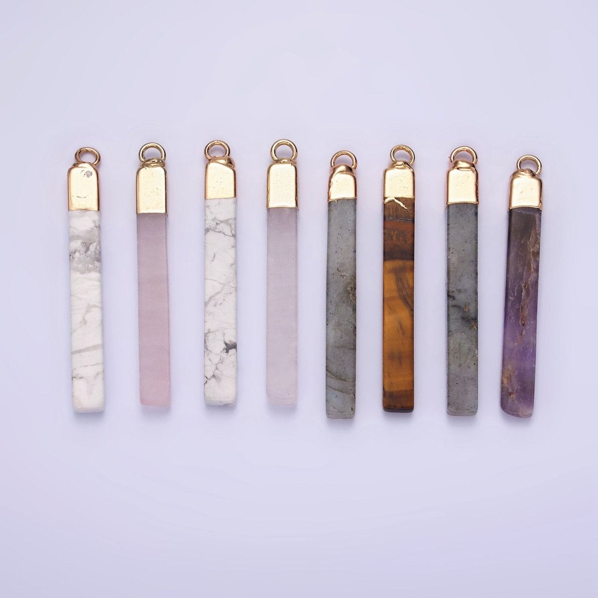 14K Gold Filled Tiger Eye, Howlite, Rose Quartz, Amethyst, Labradorite Foiled Rectangular Bar Tag Charm | N1700 - N1704 - DLUXCA