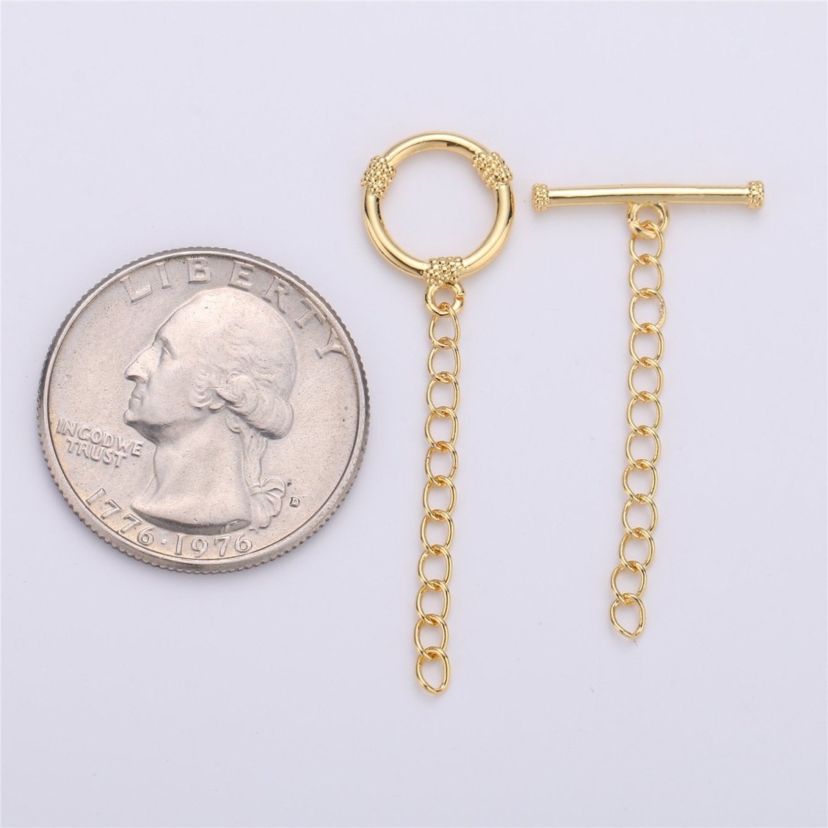 14K Gold Filled Toggle Clasp with CZ On Charm, 12mmx12mm Hoop Charm and 10mmx2mm Bar. Extender Chain is 32mm 1.5inches You Can Cut K-459 - DLUXCA
