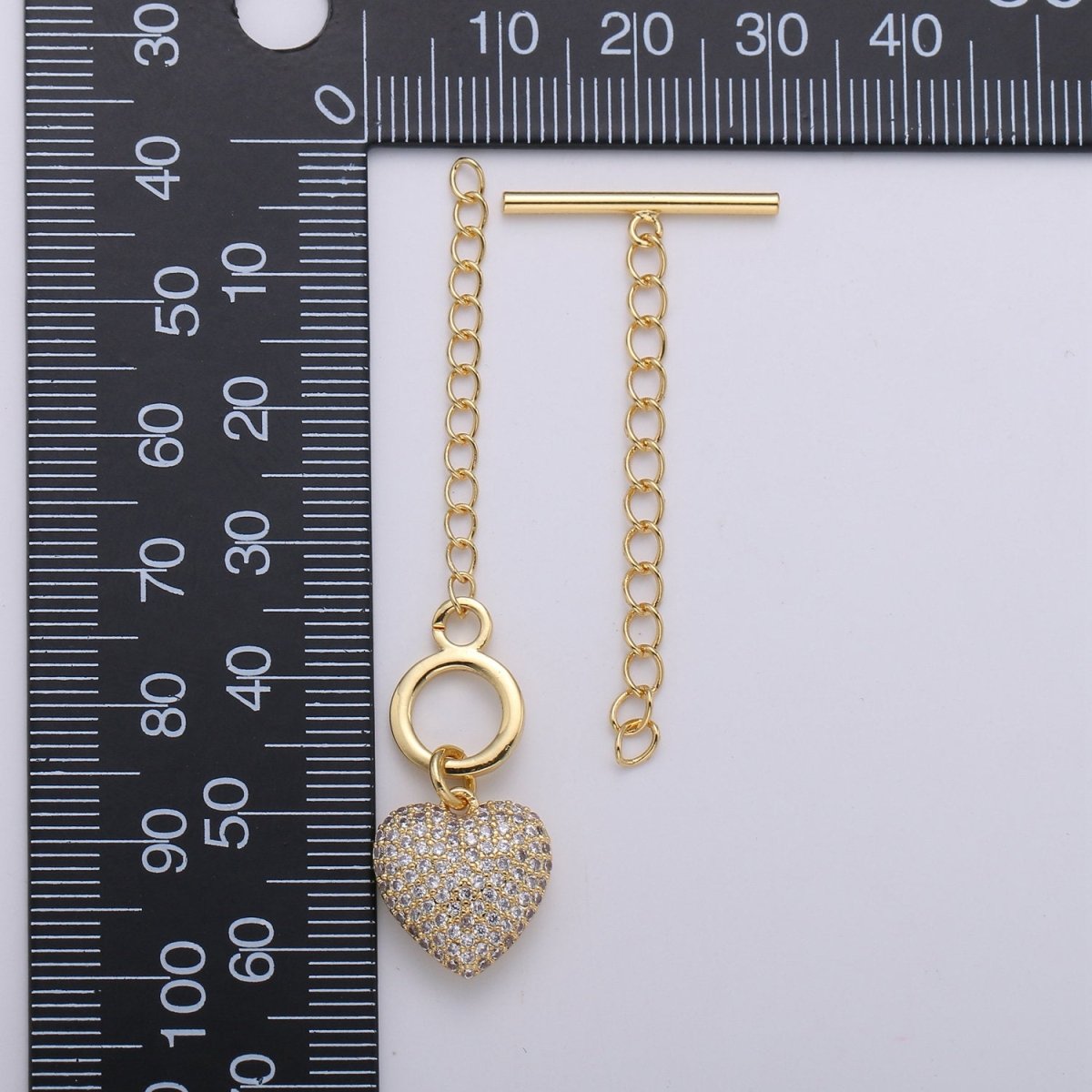 14K Gold Filled Toggle Clasp with CZ On Charm, 22mmx10mm Heart Charm and 10mmx2mm Bar. Extender Chain is 35mm 1.5inches You Can Cut K-454 K-455 - DLUXCA