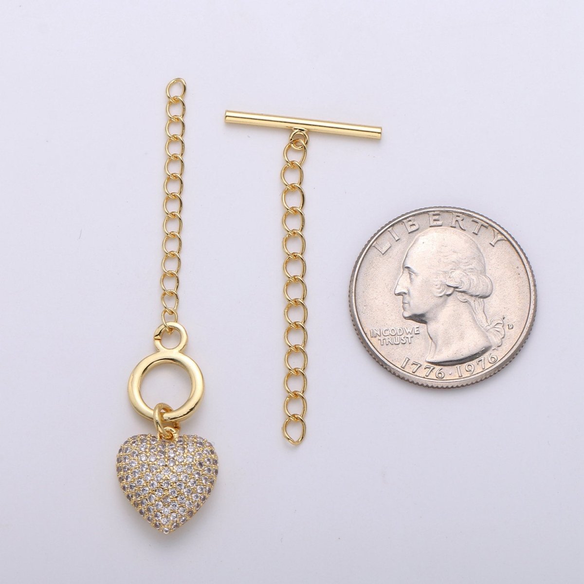 14K Gold Filled Toggle Clasp with CZ On Charm, 22mmx10mm Heart Charm and 10mmx2mm Bar. Extender Chain is 35mm 1.5inches You Can Cut K-454 K-455 - DLUXCA