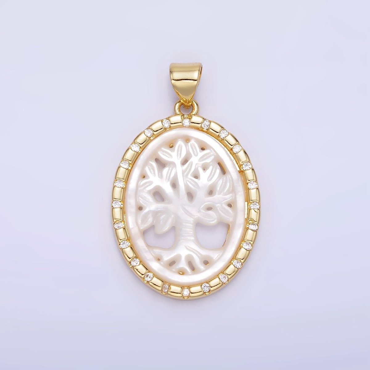 14K Gold Filled Tree Nature Shell Pearl CZ Dotted Bezel Oval Pendant in Gold & Silver | AA1257 - DLUXCA