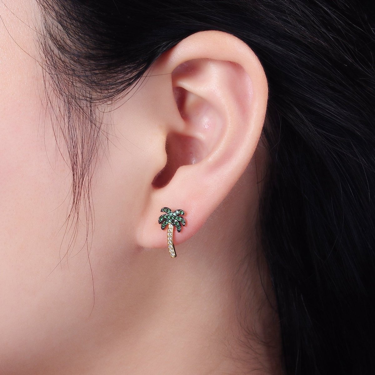 14K Gold Filled Tree Palm Leaf Green Micro Paved CZ Stud Earrings | AE921 - DLUXCA