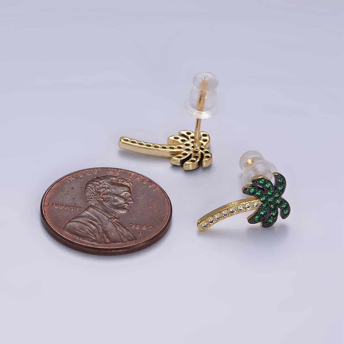 14K Gold Filled Tree Palm Leaf Green Micro Paved CZ Stud Earrings | AE921 - DLUXCA