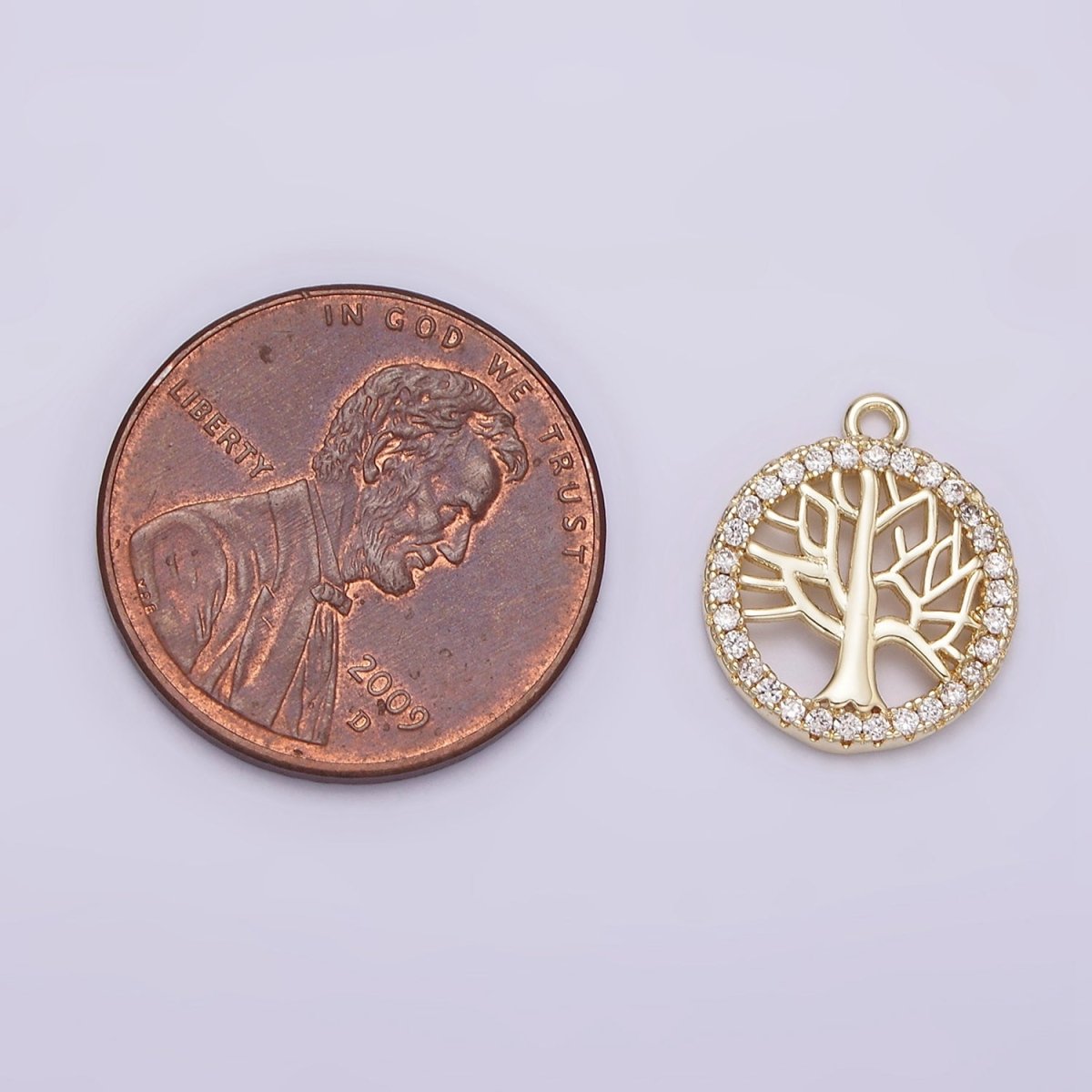 14K Gold Filled Tree Plant Open Clear Micro Paved CZ Round Charm | N1018 - DLUXCA