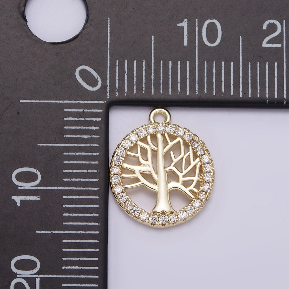 14K Gold Filled Tree Plant Open Clear Micro Paved CZ Round Charm | N1018 - DLUXCA