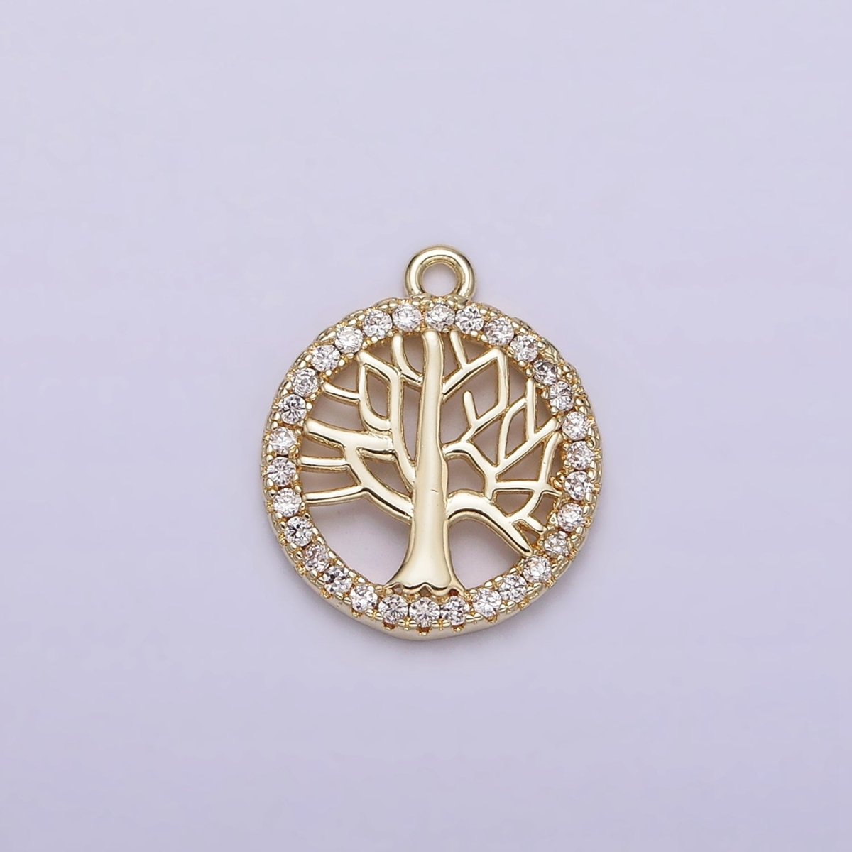 14K Gold Filled Tree Plant Open Clear Micro Paved CZ Round Charm | N1018 - DLUXCA