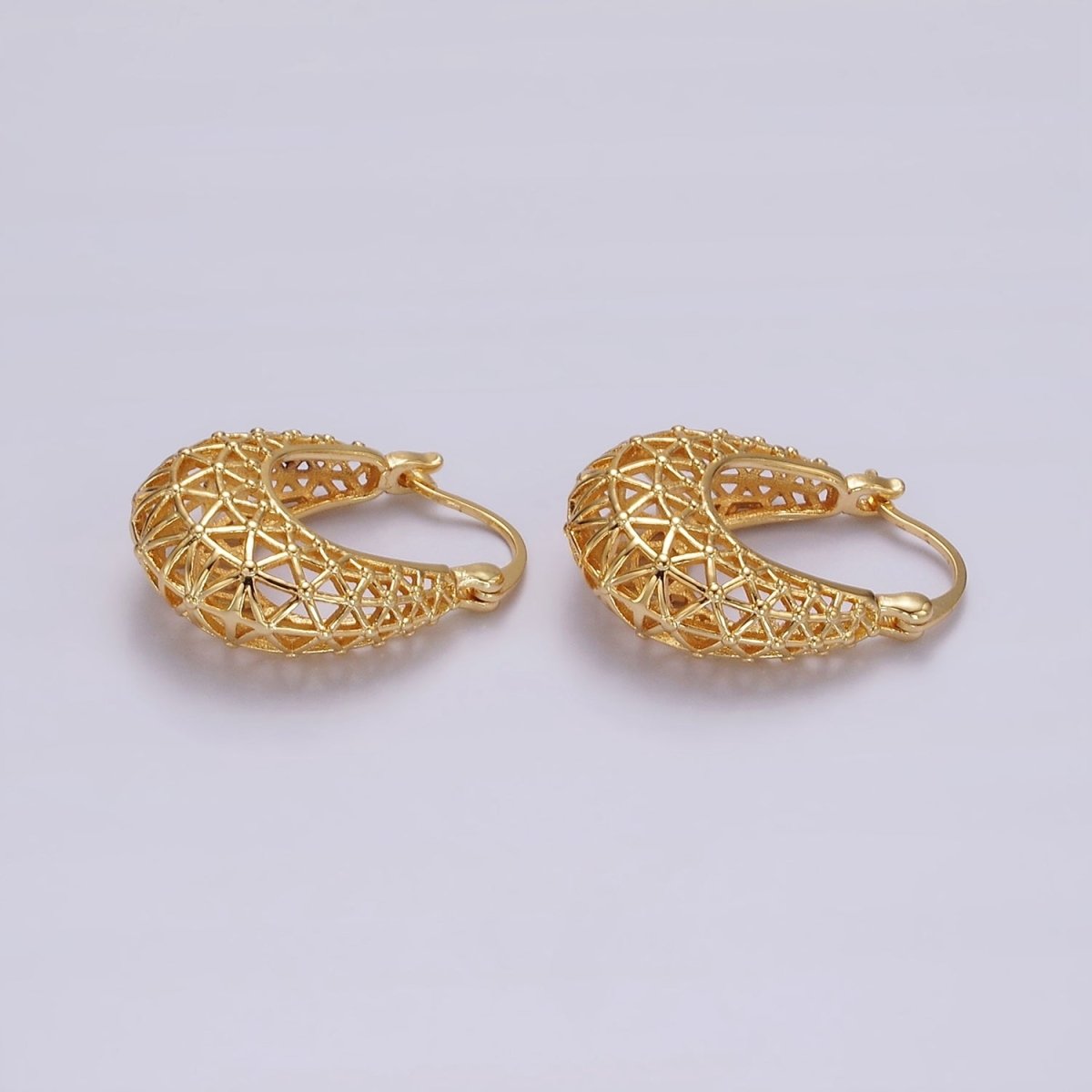 14K Gold Filled Triangle Filigree Open Dome French Lock Latch Hoop Earrings | AE220 - DLUXCA