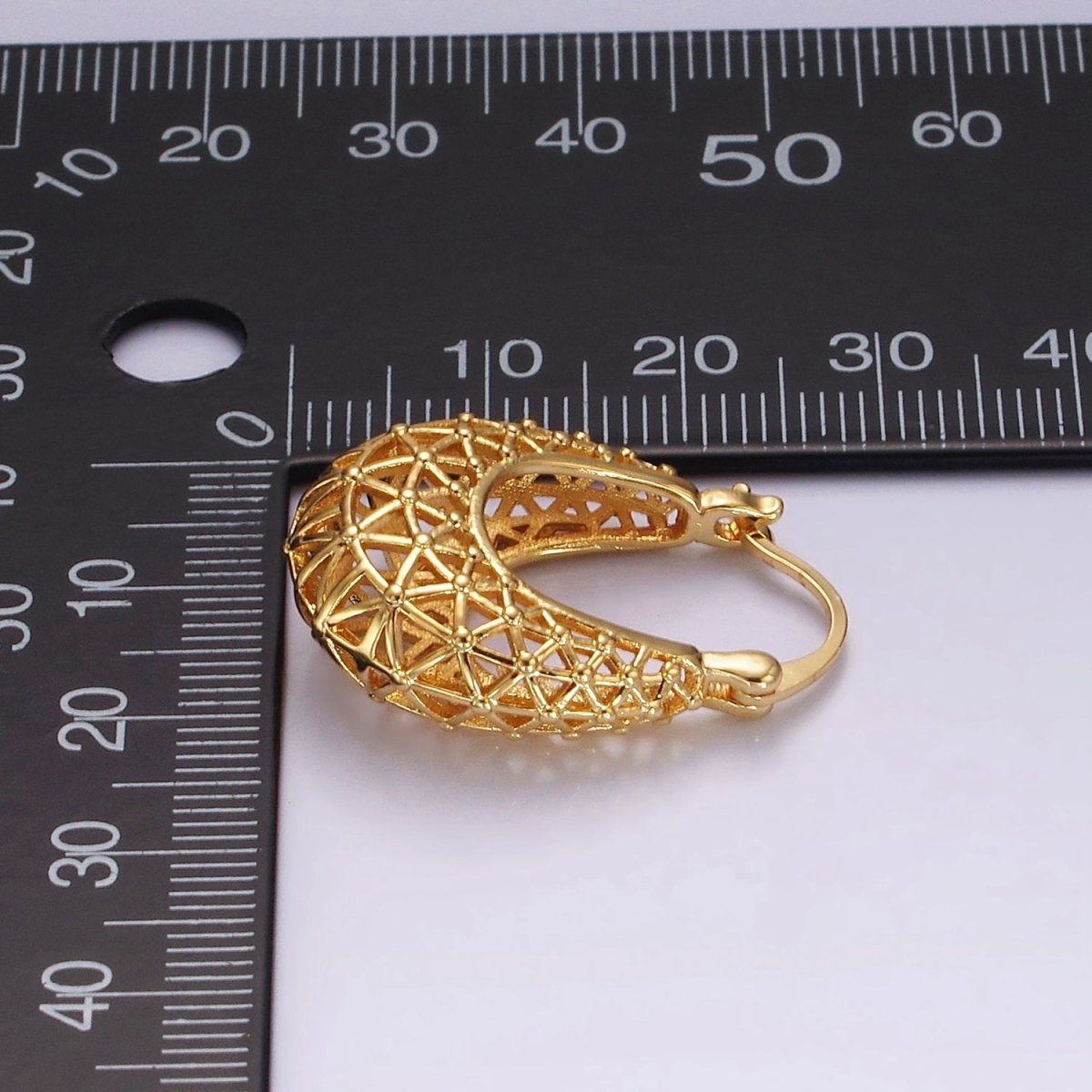 14K Gold Filled Triangle Filigree Open Dome French Lock Latch Hoop Earrings | AE220 - DLUXCA