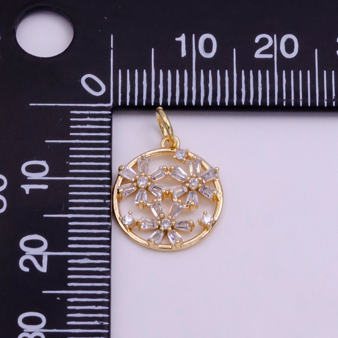 14K Gold Filled Triple Baguette Flowers Open Round Charm in Gold & Silver | W477 W478 - DLUXCA