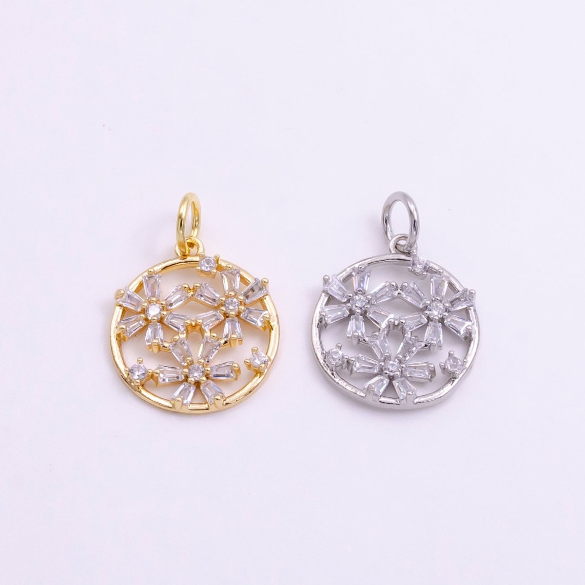 14K Gold Filled Triple Baguette Flowers Open Round Charm in Gold & Silver | W477 W478 - DLUXCA