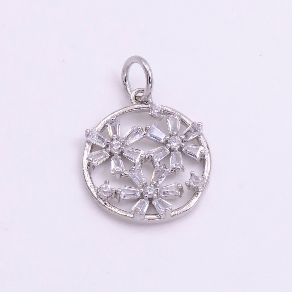 14K Gold Filled Triple Baguette Flowers Open Round Charm in Gold & Silver | W477 W478 - DLUXCA