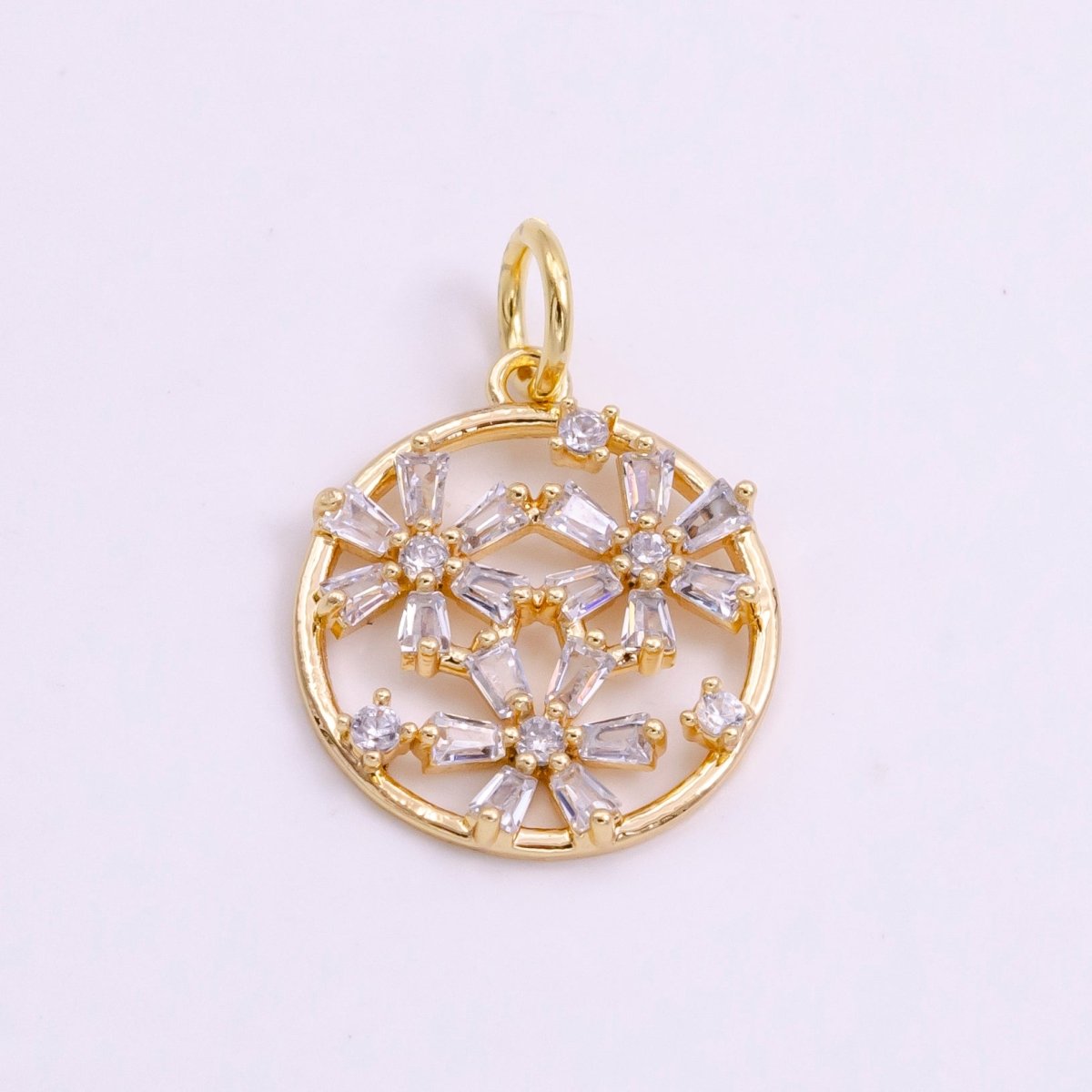 14K Gold Filled Triple Baguette Flowers Open Round Charm in Gold & Silver | W477 W478 - DLUXCA