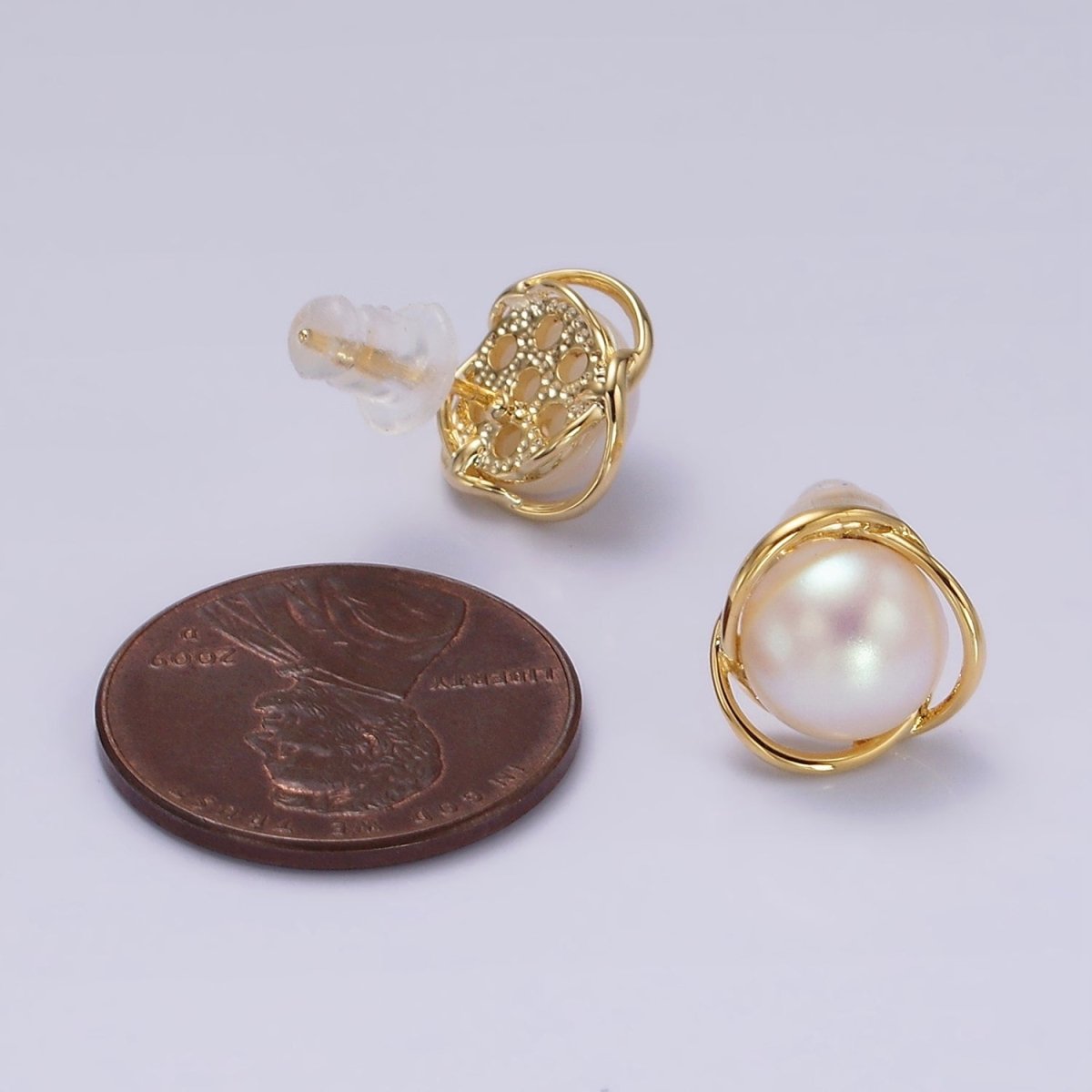 14K Gold Filled Triple Circular Band Iridescent Pearl Stud Earrings in Gold & Silver | V269 V270 - DLUXCA