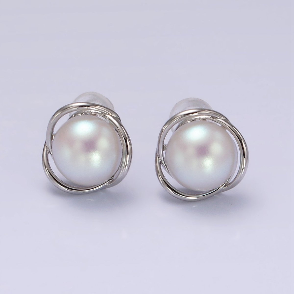 14K Gold Filled Triple Circular Band Iridescent Pearl Stud Earrings in Gold & Silver | V269 V270 - DLUXCA