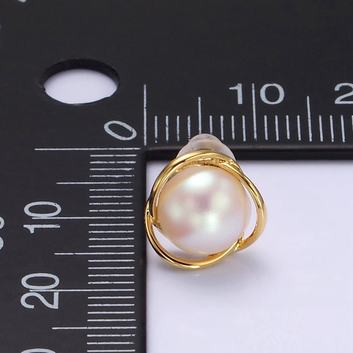14K Gold Filled Triple Circular Band Iridescent Pearl Stud Earrings in Gold & Silver | V269 V270 - DLUXCA