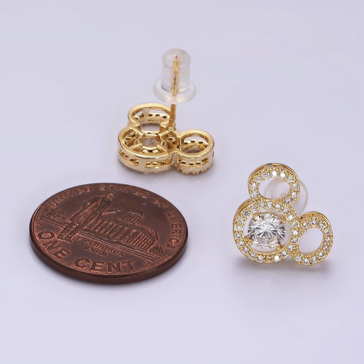 14K Gold Filled Triple Clear CZ Open Round Micro Paved Mouse Stud Earrings in Gold & Silver | V468 V469 - DLUXCA