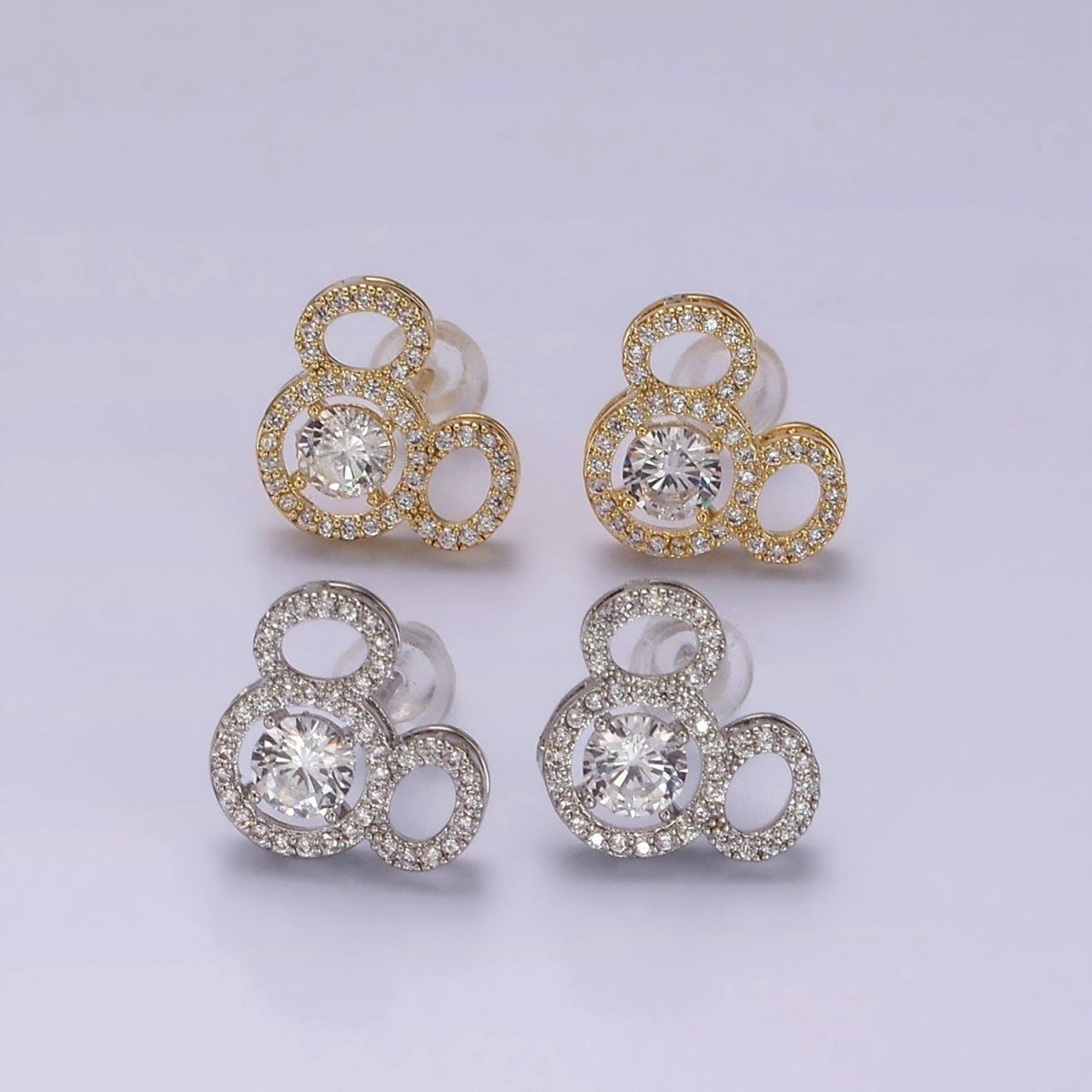 14K Gold Filled Triple Clear CZ Open Round Micro Paved Mouse Stud Earrings in Gold & Silver | V468 V469 - DLUXCA