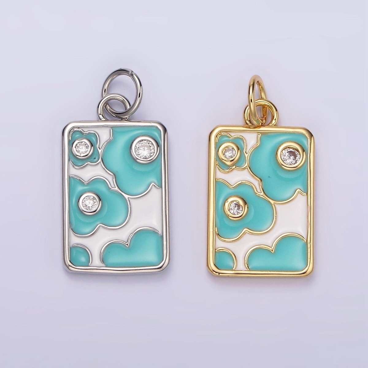 14K Gold Filled Triple Clear CZ Teal Flower Cloud Enamel Rectangular Charm in Gold & Silver | N1547 N1548 - DLUXCA